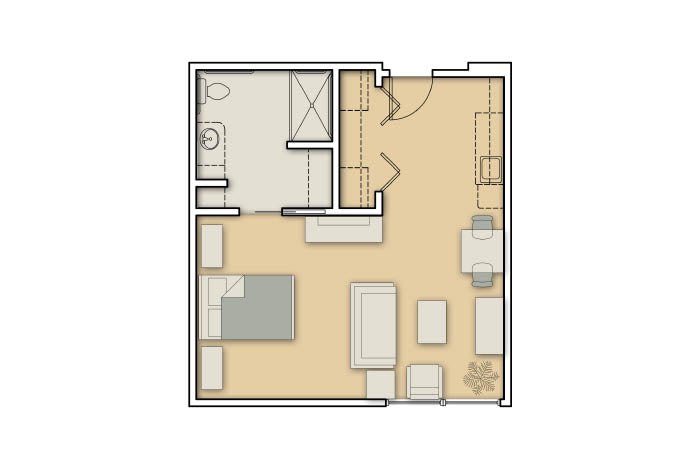Studio apartment floor plan with a combined living and sleeping area.