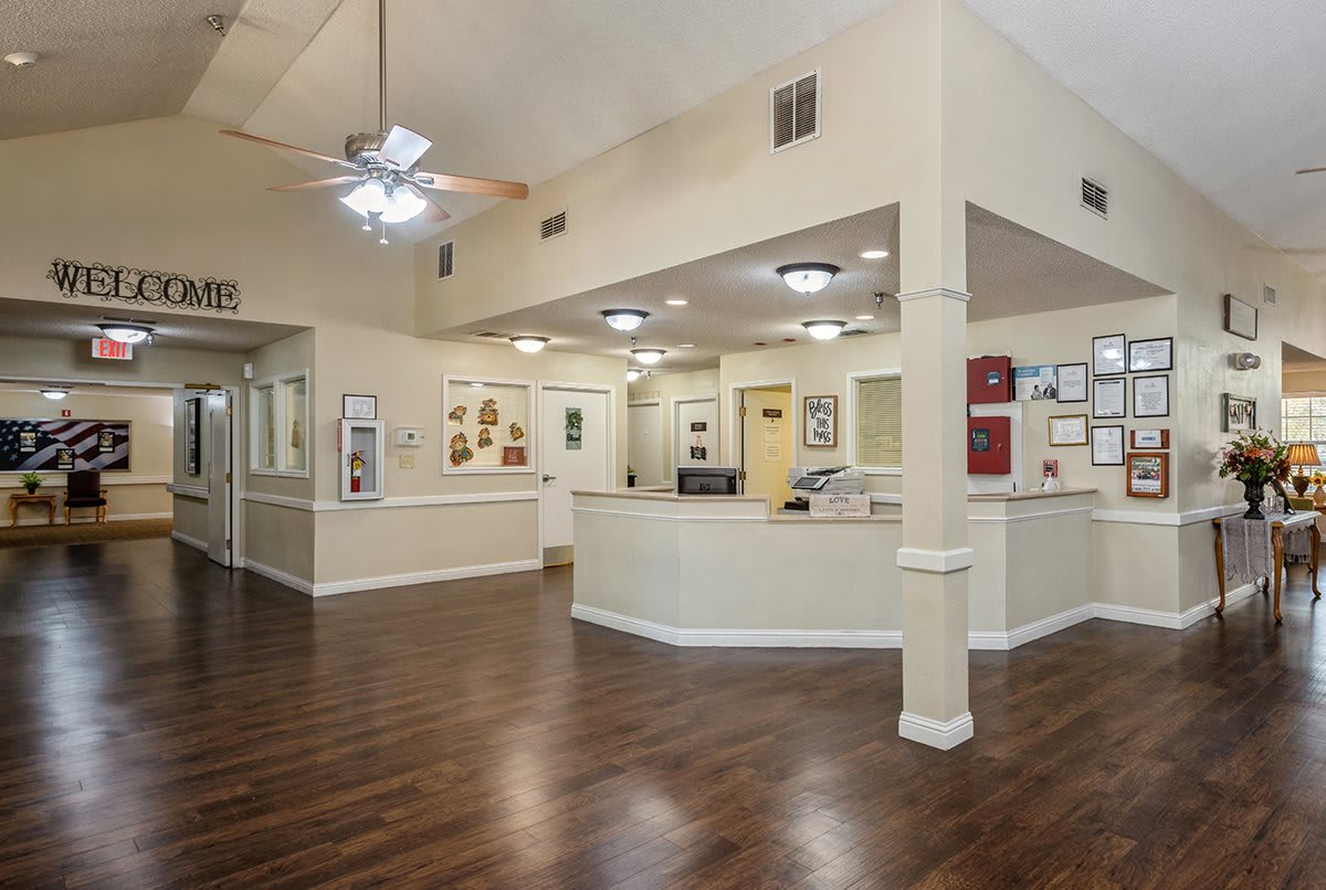 A bright and welcoming reception area with wood flooring and modern lighting.