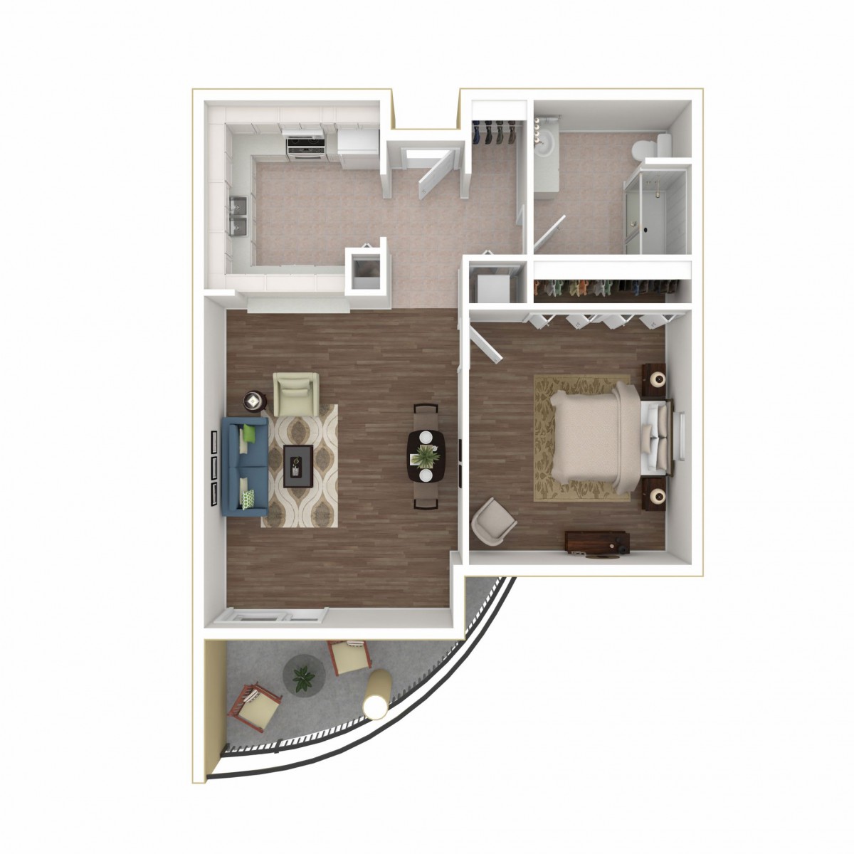An overhead view of a one-bedroom apartment floor plan featuring a living room, kitchen, bathroom, and balcony.