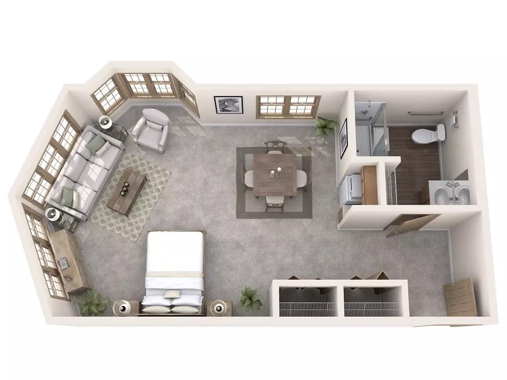 A detailed floor plan of a modern studio apartment featuring an open living area with a bedroom and kitchen space.