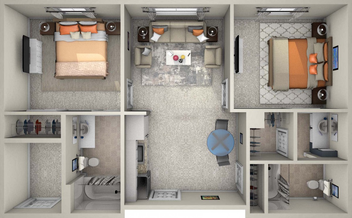 A 3D rendered floor plan of an apartment, showcasing a detailed layout with two bedrooms, a living room, kitchen, and bathroom.