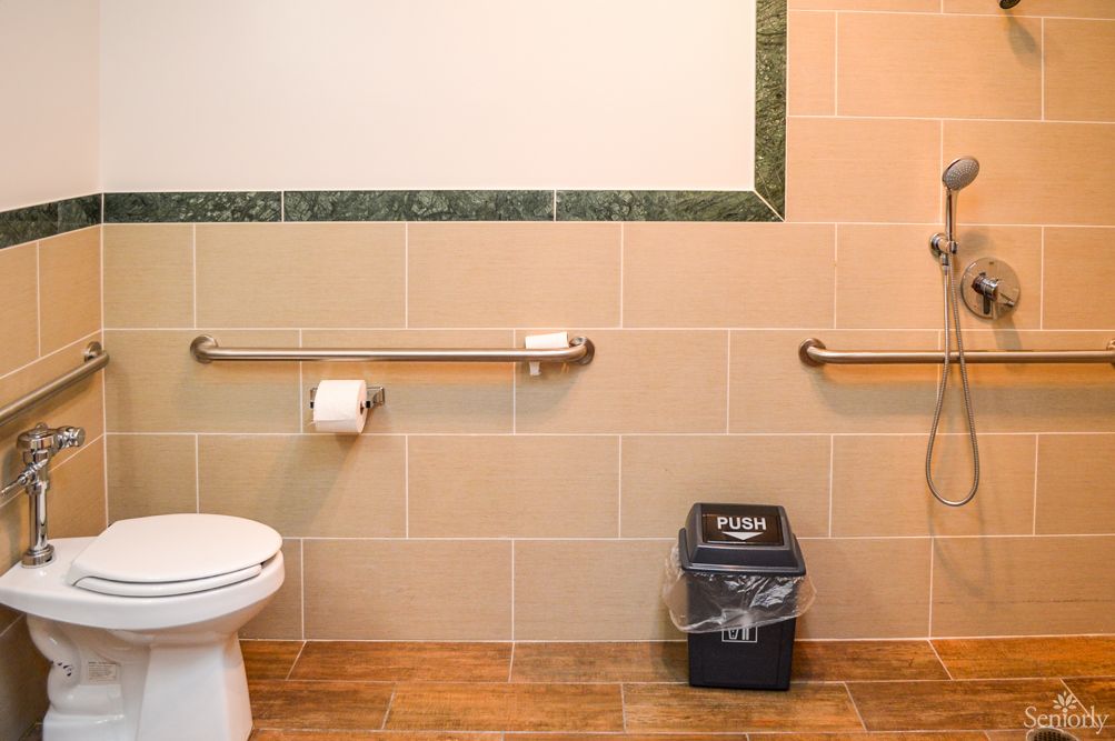 An accessible bathroom featuring handrails, a toilet, and a trash can.