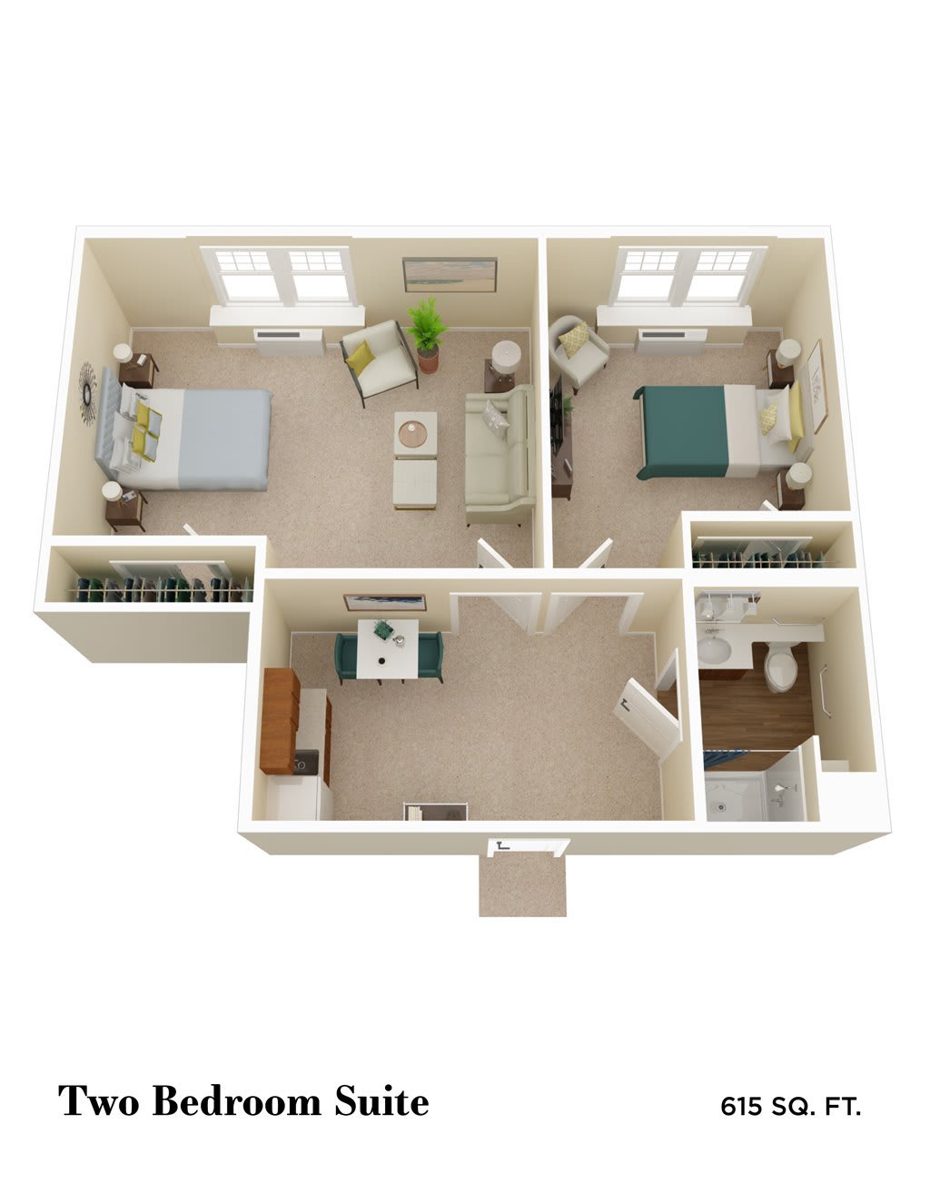 A 3D floor plan of a two-bedroom apartment showing the layout and design of the rooms.