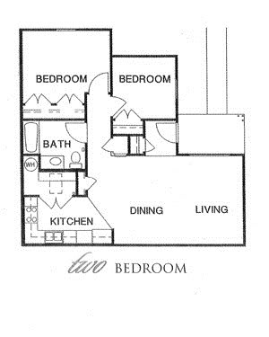 A floor plan of a two-bedroom apartment featuring bedrooms, a bathroom, kitchen, dining, and living areas.