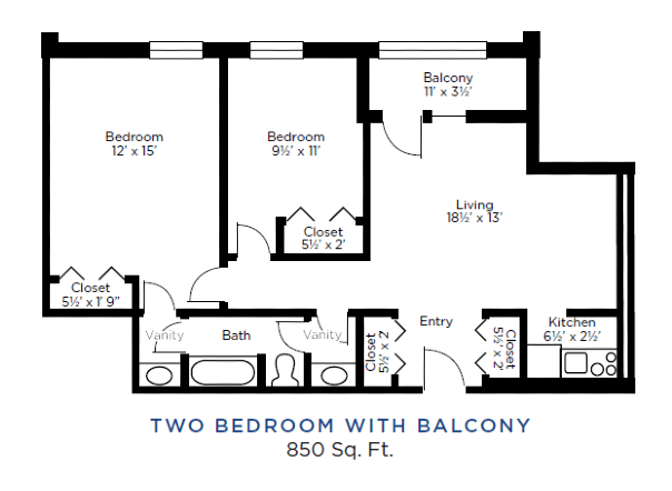 A floor plan of a two-bedroom apartment with a balcony, measuring 850 square feet.
