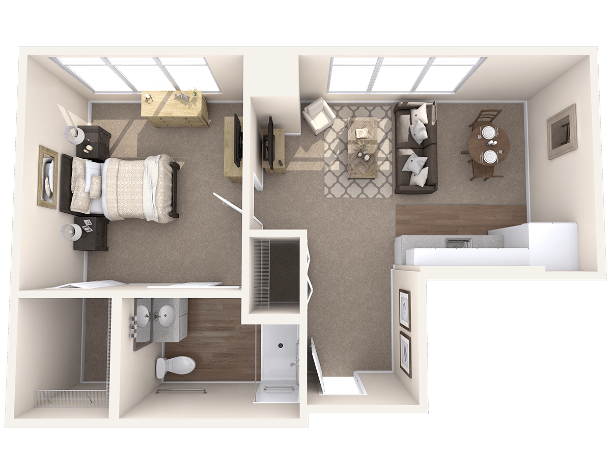 One-bedroom apartment floor plan with living room, kitchen, and bathroom.