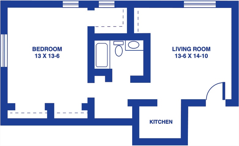 A floor plan showing the layout of a one-bedroom apartment with dimensions for each room, including a living room, kitchen, and bathroom.