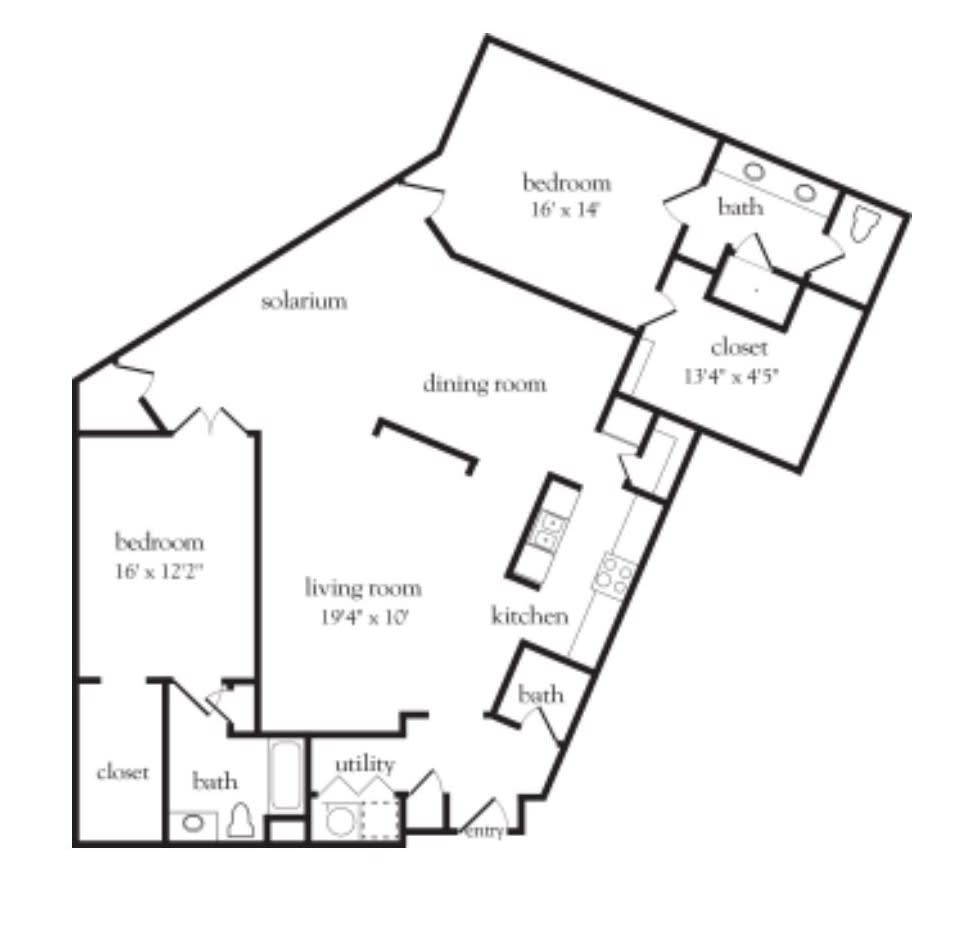 A detailed floor plan of a two-bedroom apartment with designated living, dining, and kitchen areas.