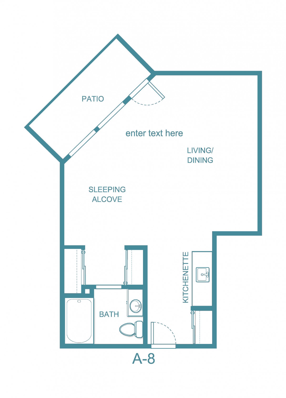 A floor plan of a one-bedroom apartment featuring a living/dining area, kitchen, bathroom, and patio.