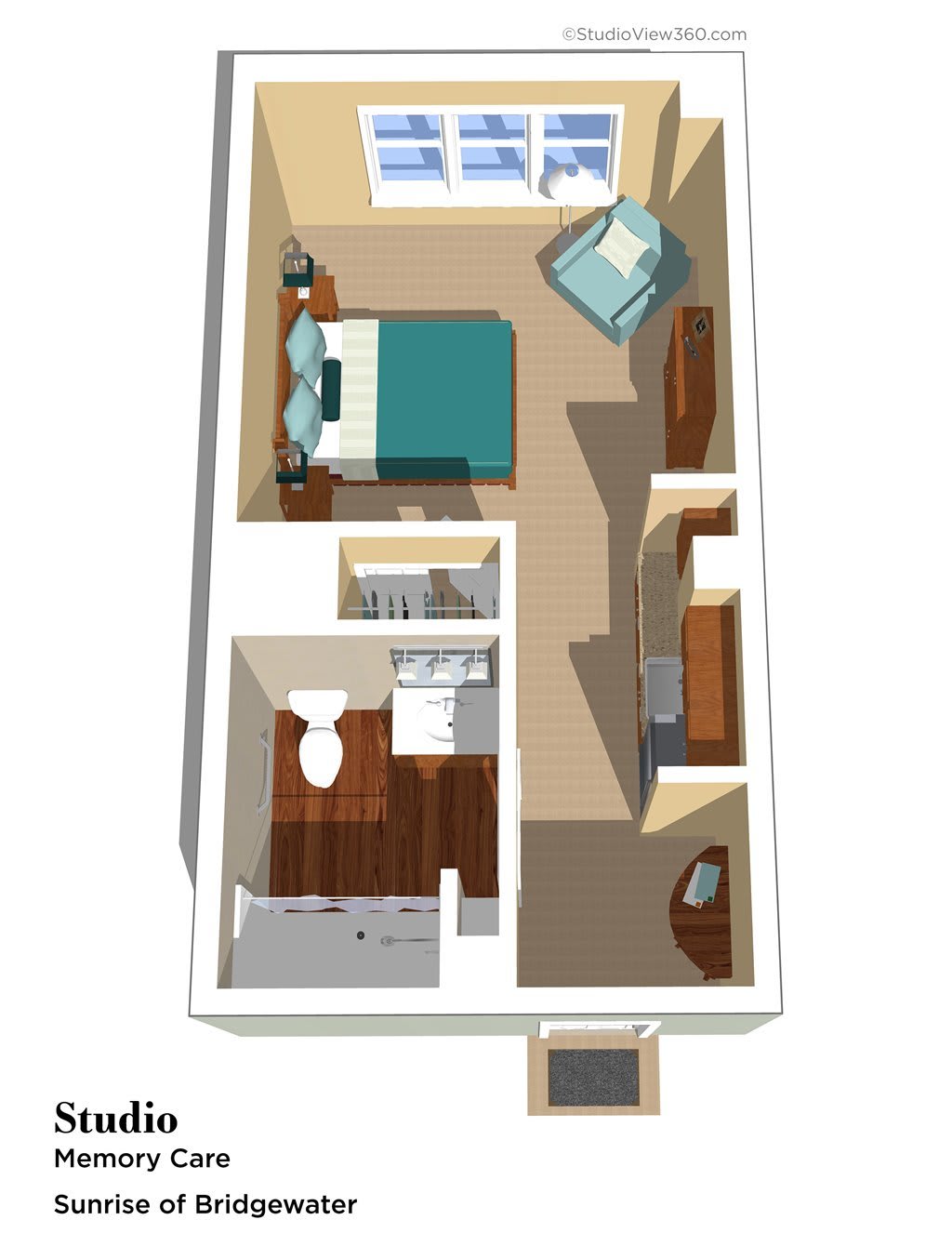 A 3D floor plan of a small one-bedroom apartment, showcasing the layout and furniture arrangement.