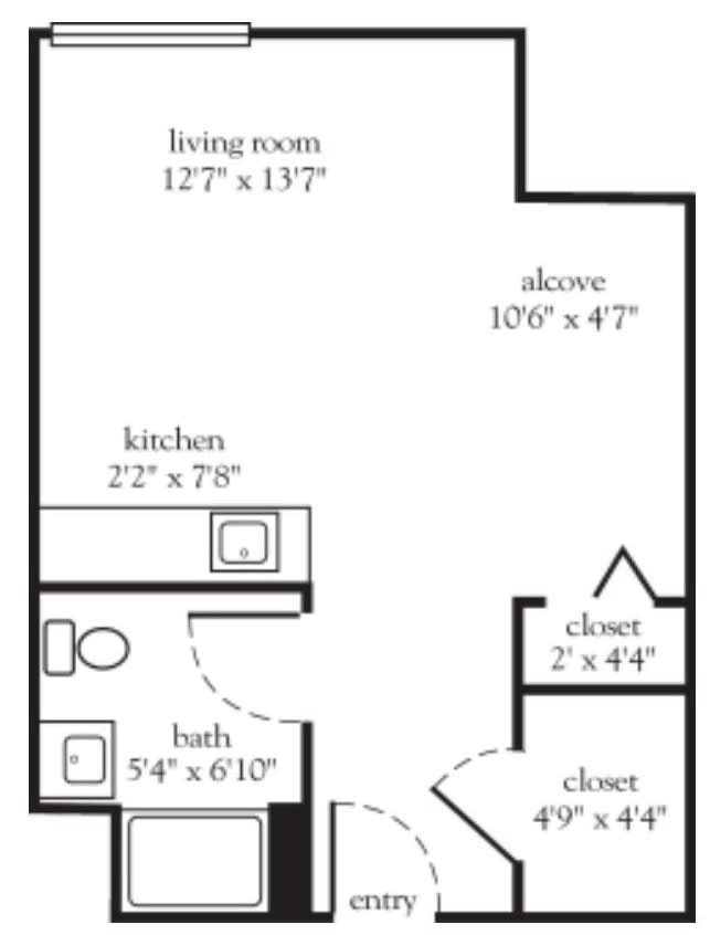 A floor plan of a studio apartment featuring a living room, kitchen, bath, and closets.