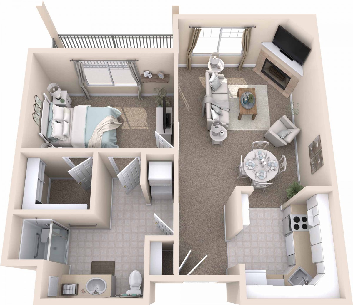 A 3D floor plan of a one-bedroom apartment with an open living area and kitchen, and separate bathroom.