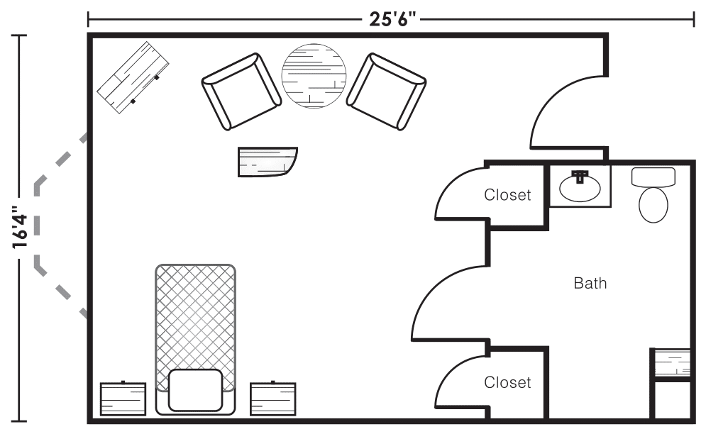 A floor plan of a bedroom featuring furniture layout and closet spaces.