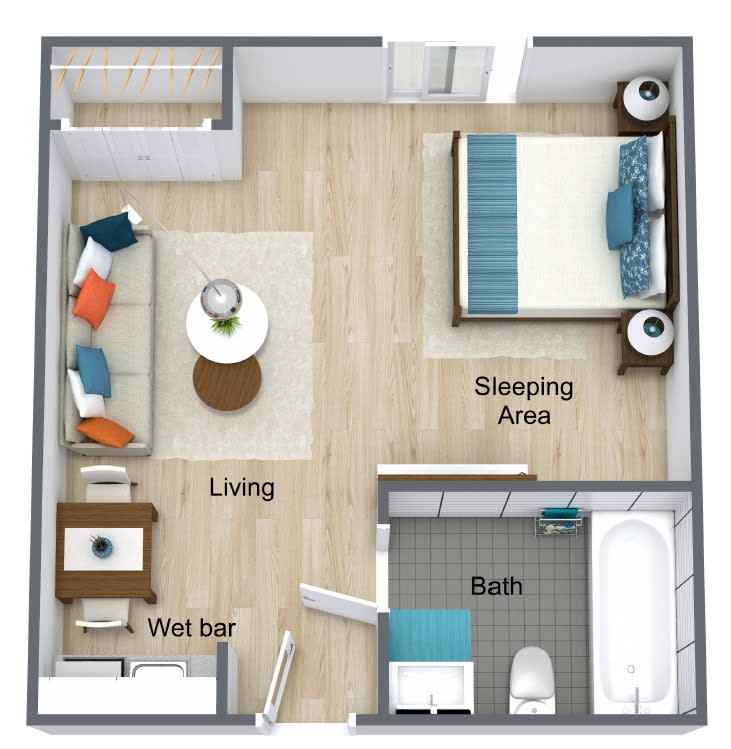 A 3D floor plan of a studio apartment with distinct living, sleeping, and bath areas.