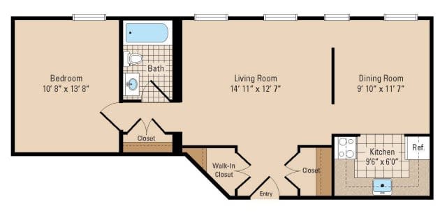 A floor plan of an apartment with a living room, bathroom, and multiple closets.