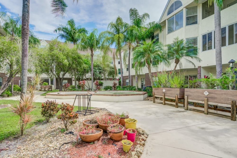 A serene courtyard with lush palm trees and benches surrounded by residential buildings.