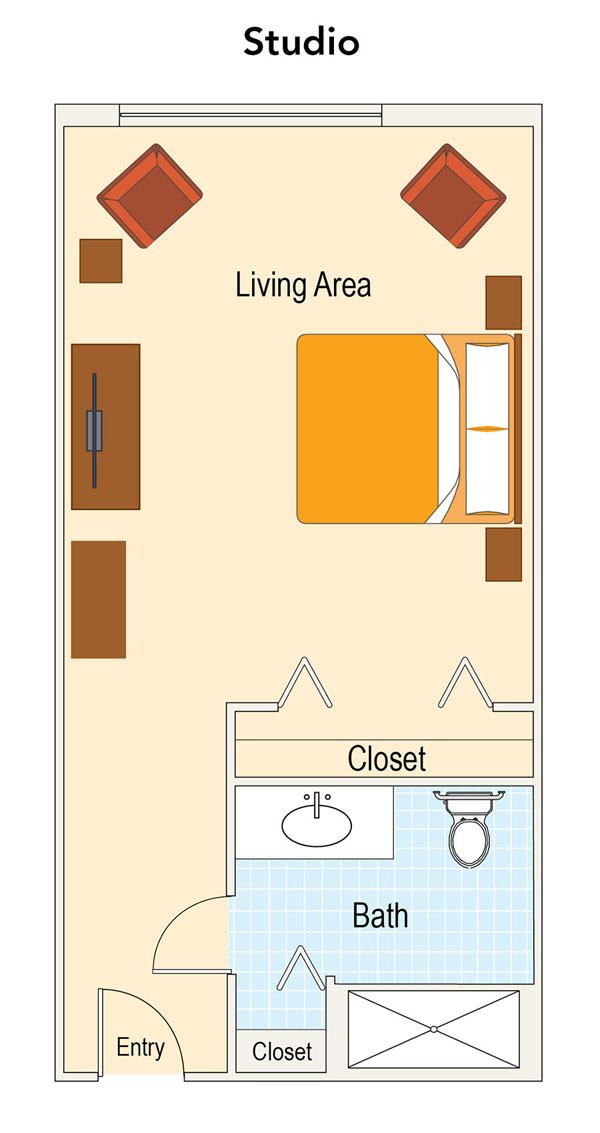 A simple floor plan showing a bedroom with living area, a bed, closet, and bathroom.