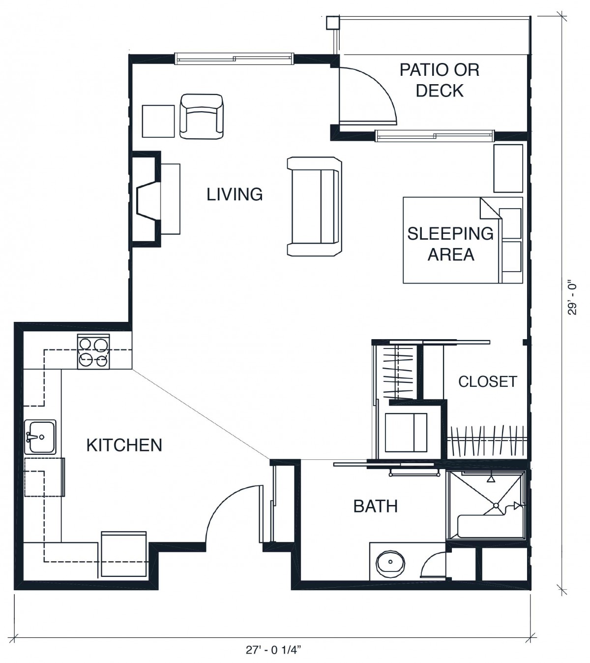 A floor plan of a one-bedroom apartment featuring a living area, kitchen, bathroom, sleeping area, closet, and patio/deck.