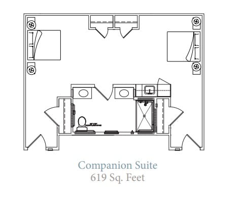 Floor plan of a companion suite measuring 619 square feet.