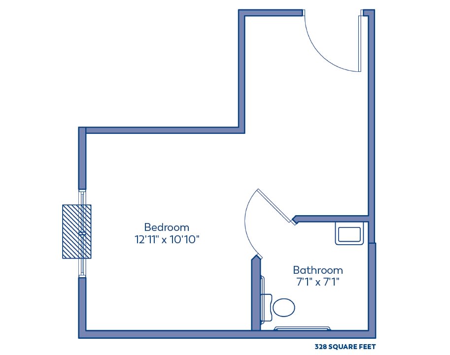 A floor plan featuring a bedroom and bathroom layout.