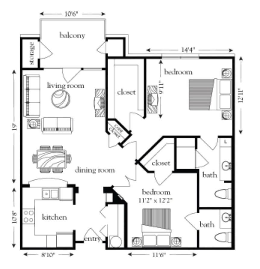 A floor plan of a house showing the layout of the rooms, including bedrooms, bathrooms, kitchen, dining room, and living room.