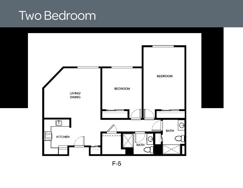 A blueprint of a two-bedroom apartment layout with labeled rooms.