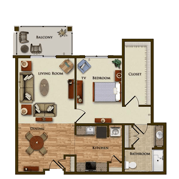 A detailed floor plan of a one-bedroom apartment featuring a living room, kitchen, bathroom, bedroom, closet space, and a balcony.