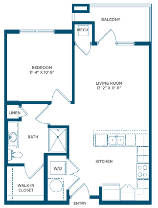 A 1-bedroom apartment floor plan featuring a living room, kitchen, and bathroom.