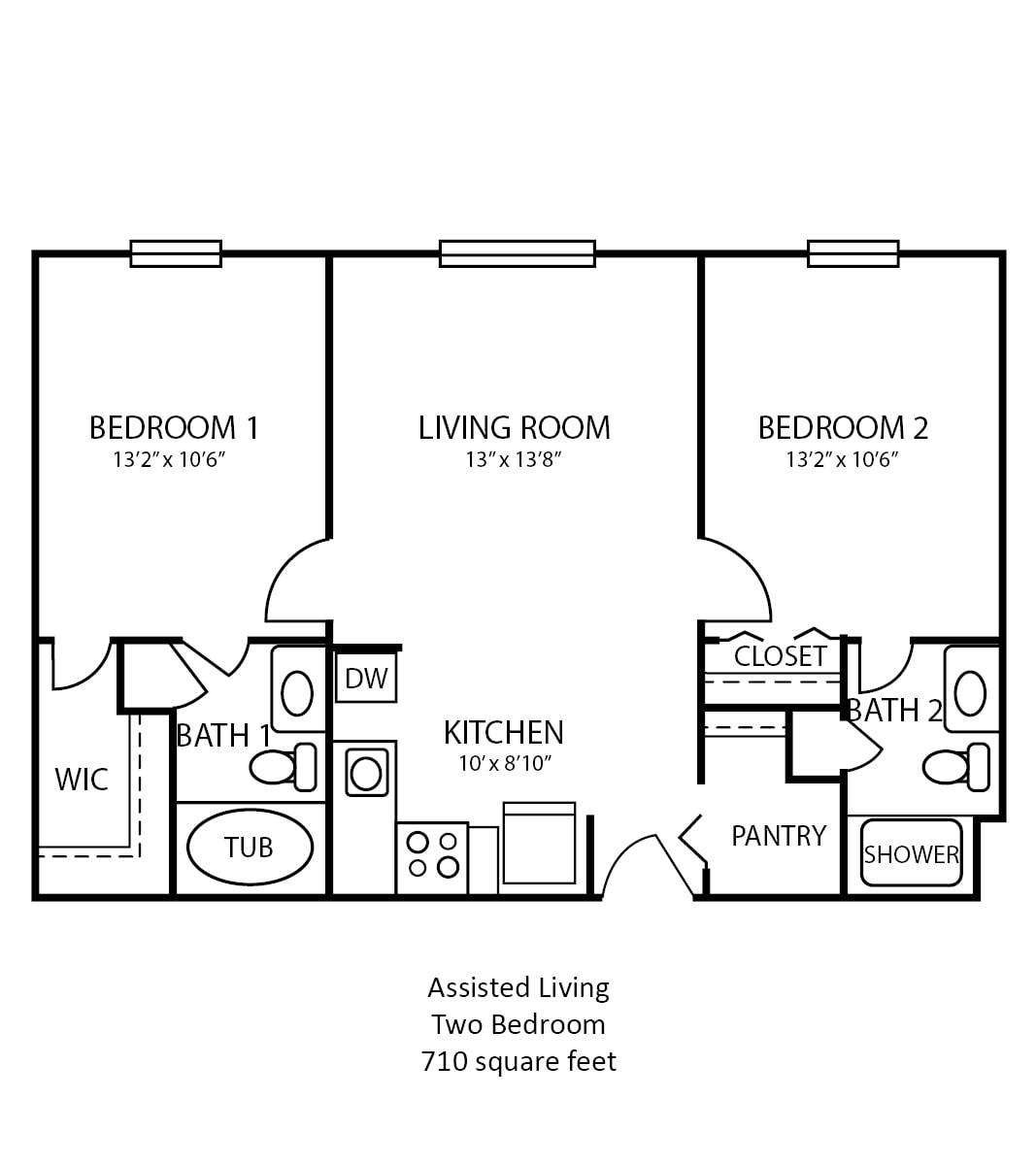 Floor plan of a two-bedroom apartment with living room, kitchen, and bathrooms.