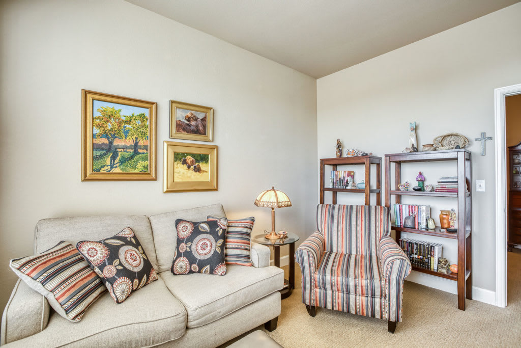 Cozy living room with a sofa and armchair, decorated with paintings and a bookshelf.
