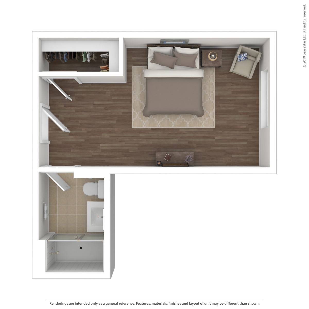 A top view of a floor plan showing a bedroom with furniture arrangement.