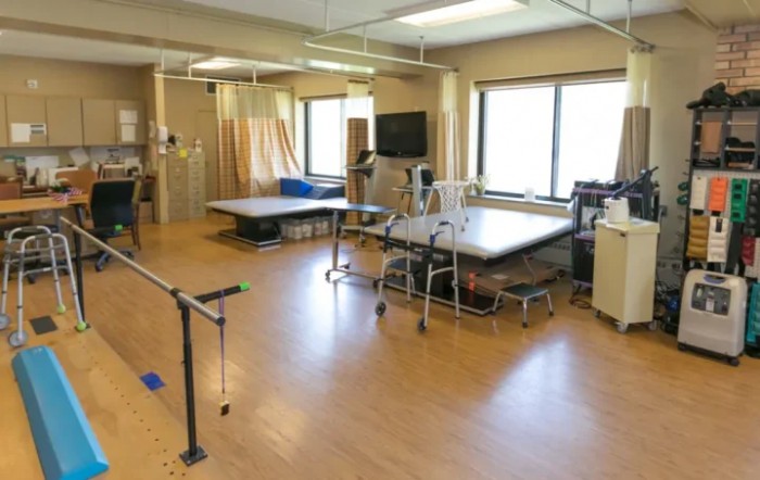 A physical therapy room equipped with exercise tables and parallel bars.