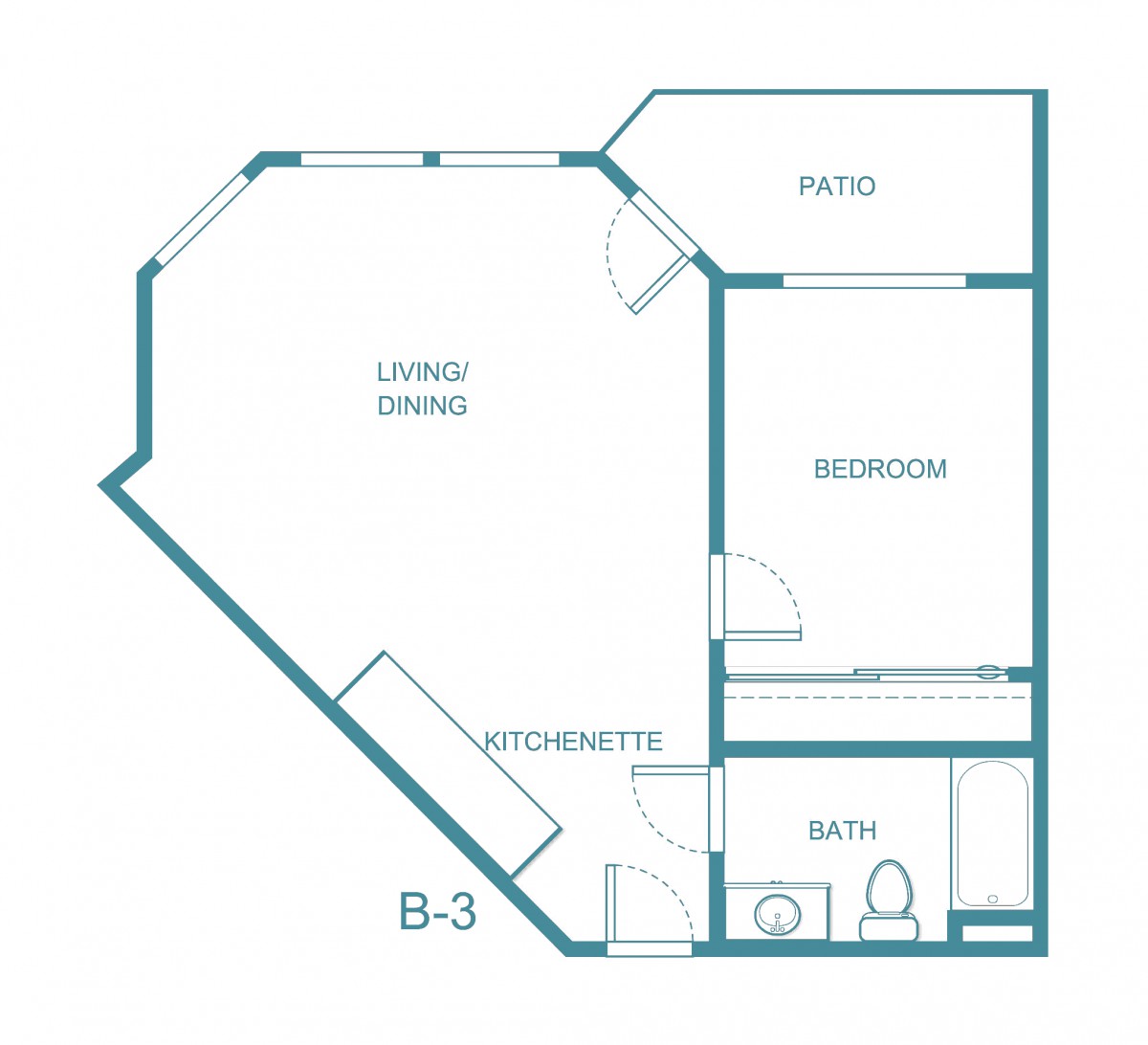 A floor plan of an apartment featuring a living/dining area, bedroom, bathroom, kitchen, and patio.