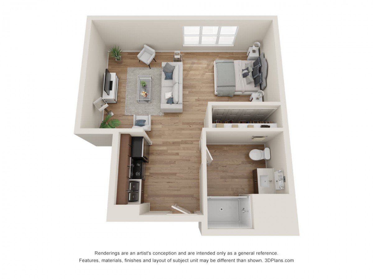 3D floor plan of a one-bedroom apartment featuring a living room, kitchen, bedroom, and bathroom.