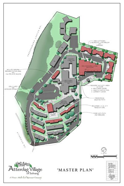 Architectural site plan illustrating building layouts and landscape design.