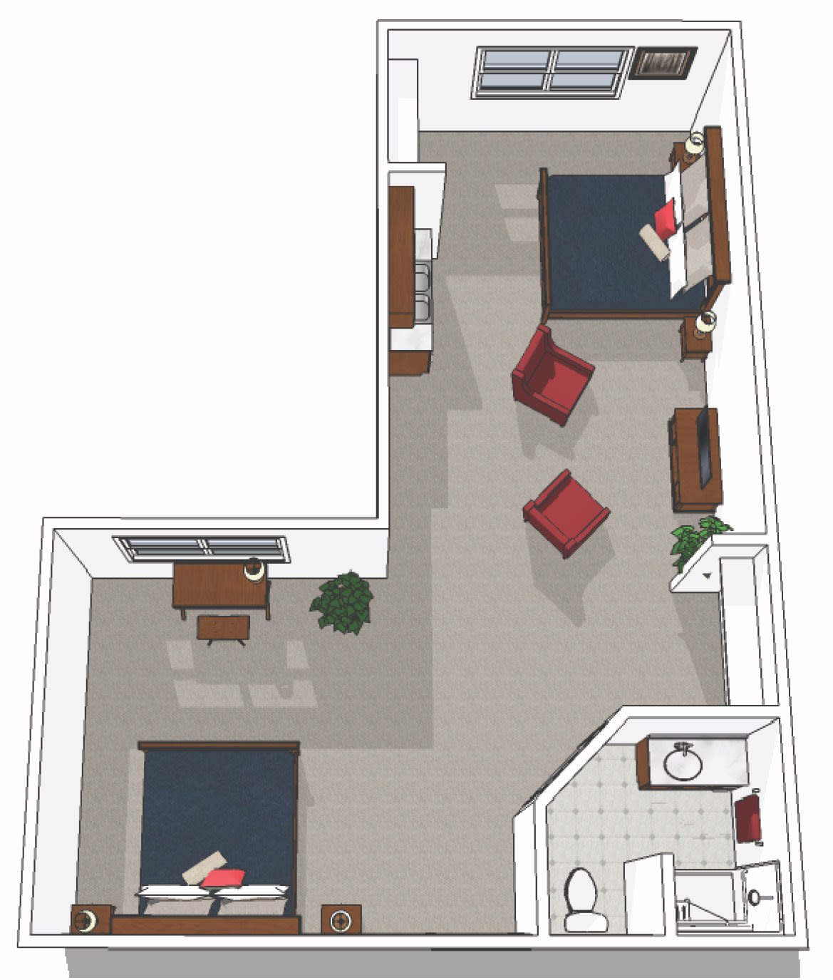 A 3D floor plan showcasing a two-bedroom apartment layout with furnished living and sleeping areas.