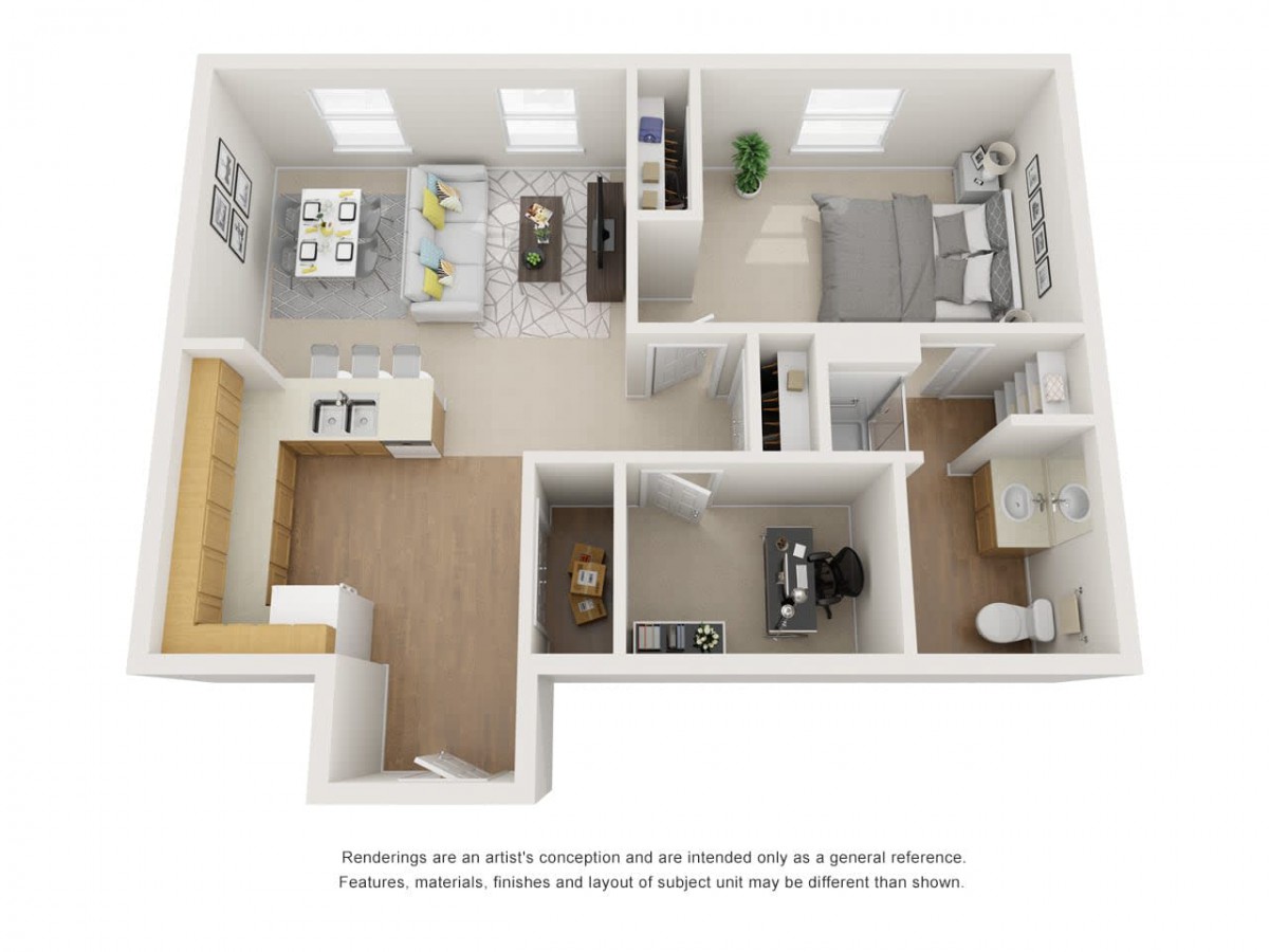 A 3D floor plan showing a modern apartment with one bedroom, a living area, kitchen, and bathroom.