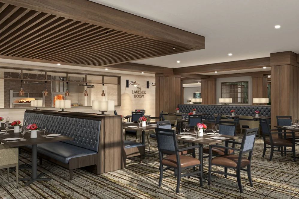 A modern restaurant interior with stylish seating arrangements and a cozy ambiance.