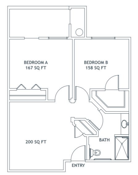 A two-bedroom apartment floor plan with labeled room sizes.