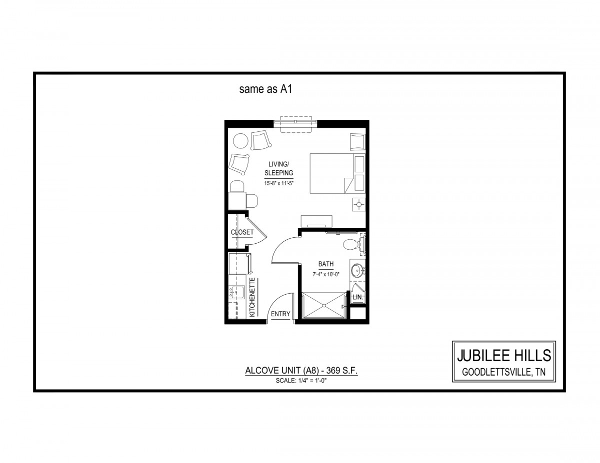 A floor plan of a studio apartment with designated areas for living, sleeping, and a bathroom.