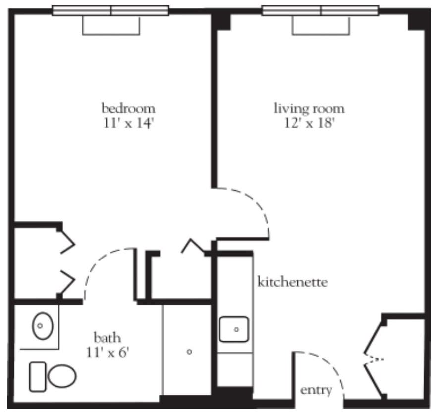 A floor plan of a one-bedroom apartment with labeled dimensions for each room.