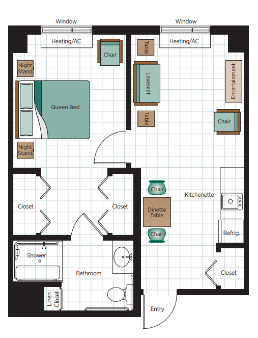 A detailed floor plan of an apartment featuring a bedroom, living room, kitchen, and bathroom.