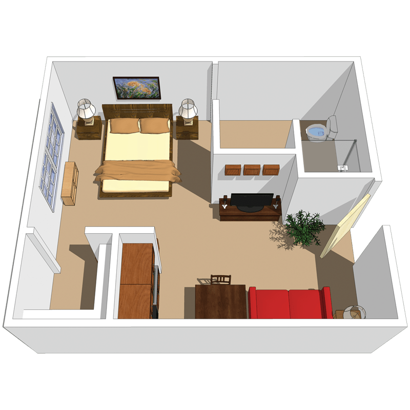 A 3D rendered floor plan of a bedroom with furniture and decor.