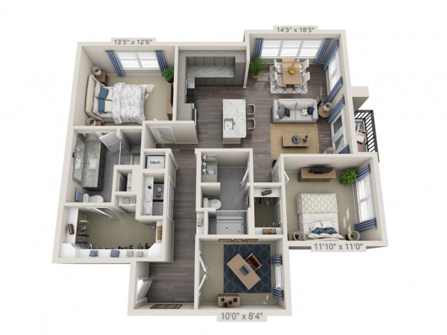 A 3D floor plan of a modern apartment with multiple rooms and open living spaces.