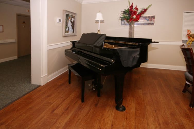 A grand piano in a well-decorated living room with hardwood floors.