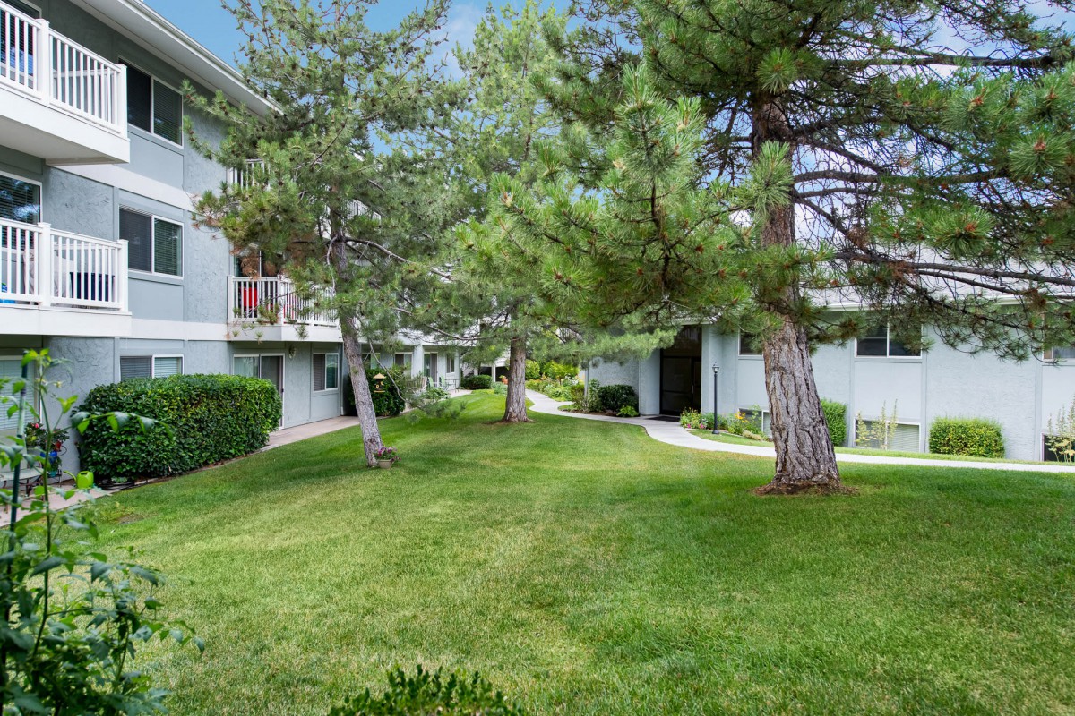A well-maintained apartment complex with green lawns and tall trees.