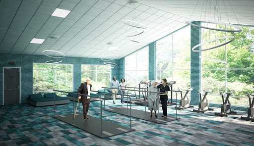 An inviting rehabilitation center designed for seniors, featuring modern exercise equipment and ample natural light.