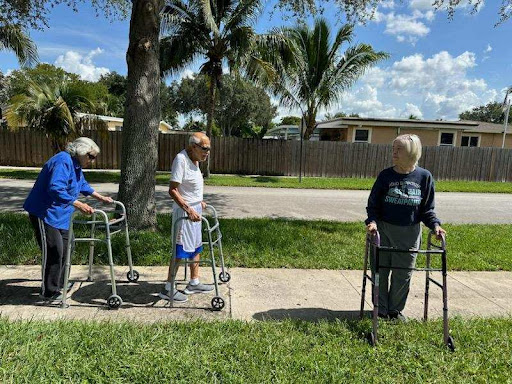 A group of elderly individuals using walkers while enjoying a sunny day outdoors.
