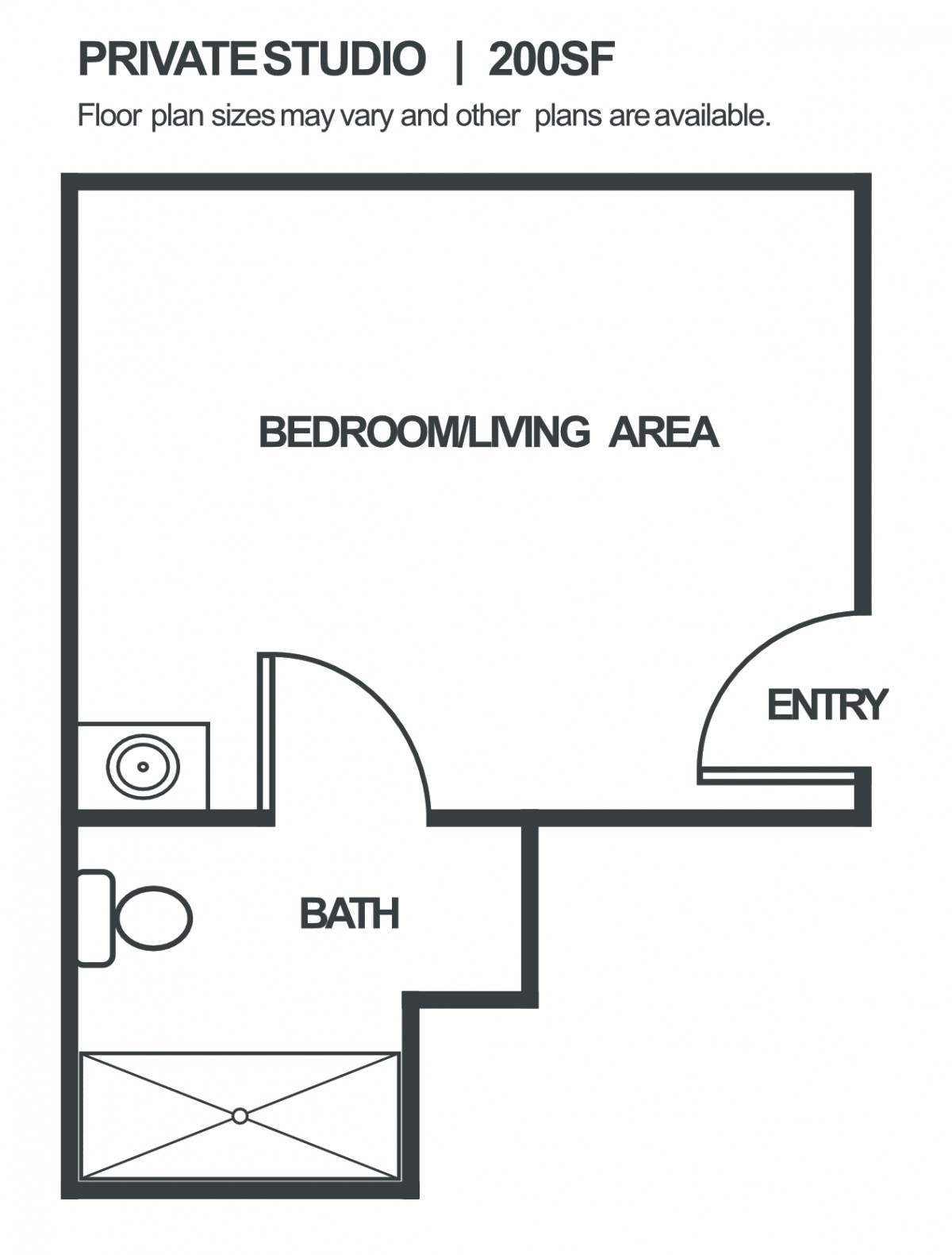 Studio apartment floor plan with a combined bedroom and living area, bathroom, and entrance.