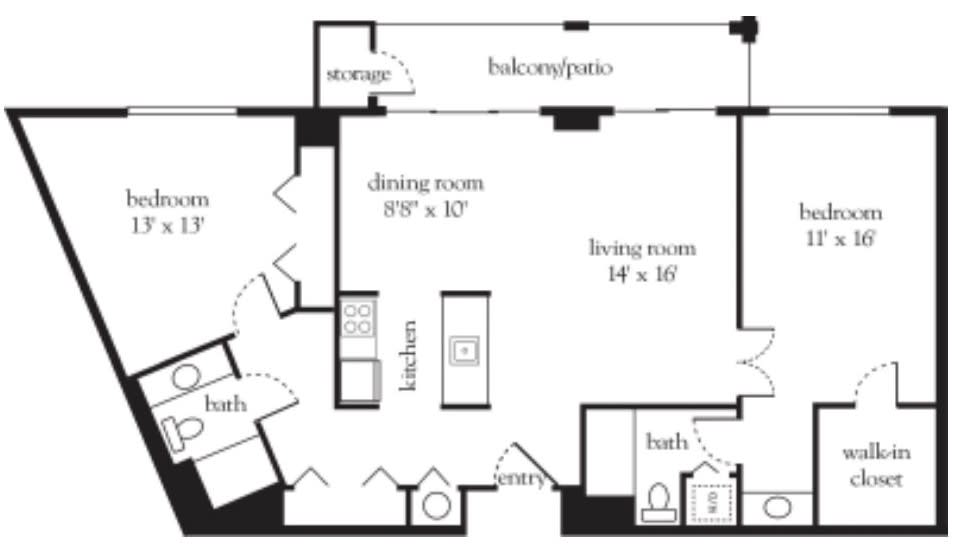 This image shows the floor plan of an apartment, featuring rooms such as a living room, dining room, kitchen, and bathroom.
